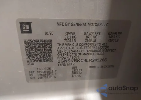 2020 Chevrolet Tahoe 4Wd Lt z USA, uszkodzony, nr VIN 1GNSKBKC4LR245266